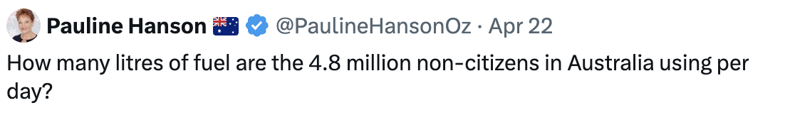 Pauline Hanson tweet about fuel use by non-citizens
